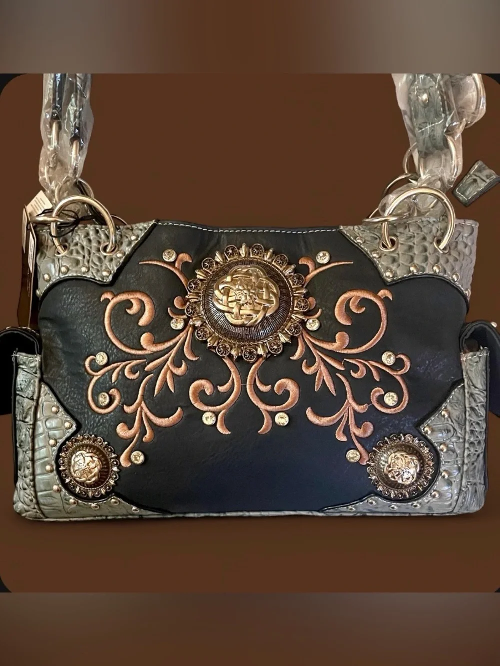 NWT Cowgirl Trendy Western Concealed Carry Purse Handbag Charcoal Bling CAO 8469